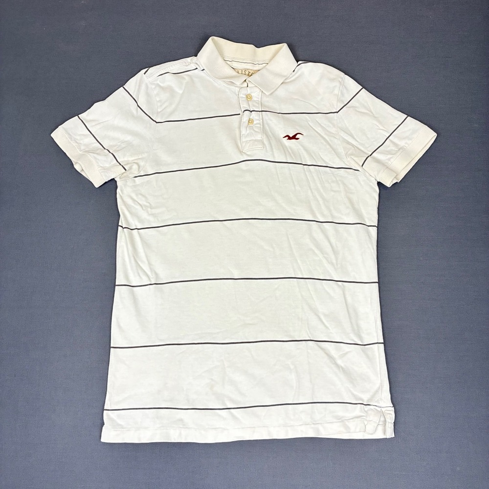 Y2K Hollister White Striped Polo Shirt Men's Size Medium Short Sleeve